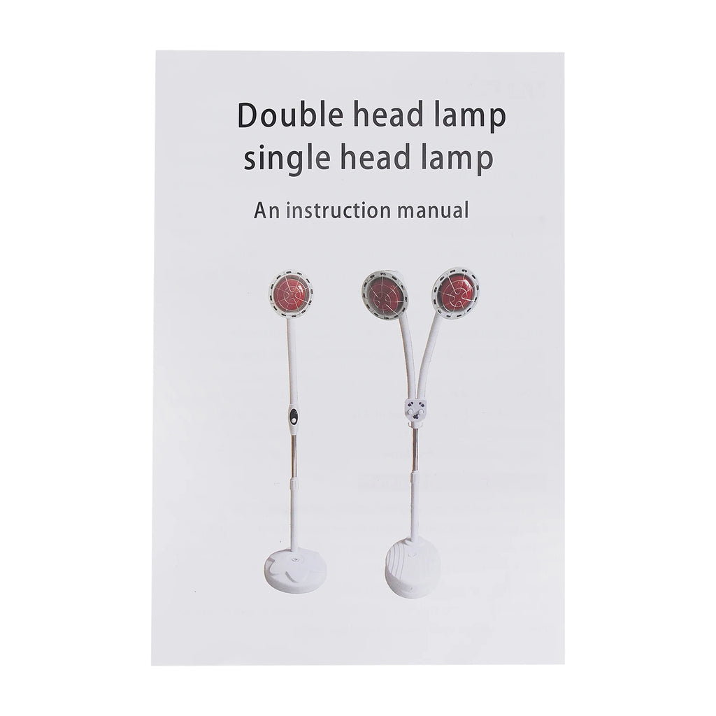 Instruction manual for 275W therapeutic infrared heat lamps, showing single and double head adjustable floor stands.