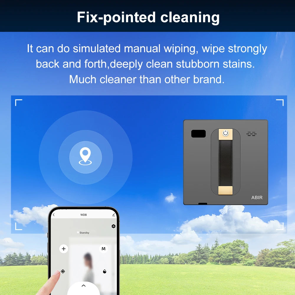 Tidesmit ABIR WD8 window cleaning robot showing dual water spray nozzles and laser sensor navigation technology
