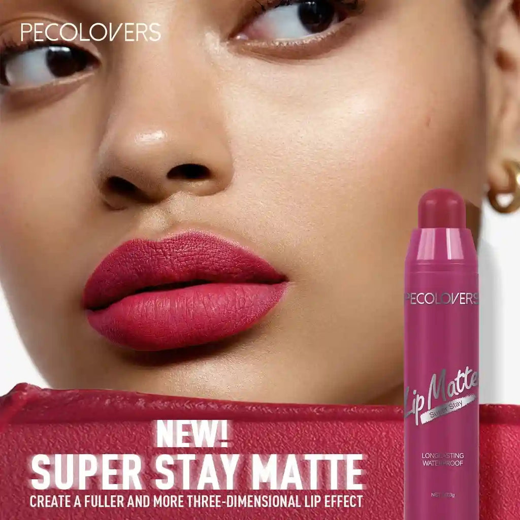 Model wearing long-lasting waterproof velvet matte lipstick in a rich, non-stick berry shade.