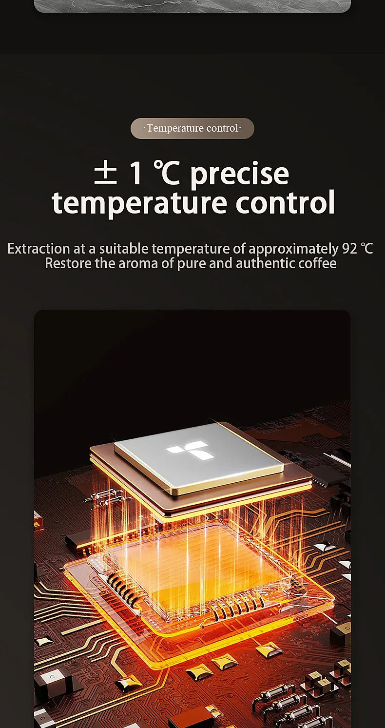 Precision temperature control chip for coffee maker, featuring advanced circuitry for 1°C extraction accuracy.