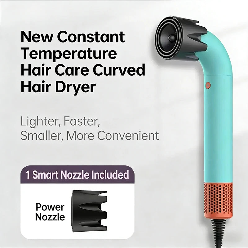 Teal curved-tube high-speed hair dryer with smart power nozzle attachment for 30-second professional fast drying.