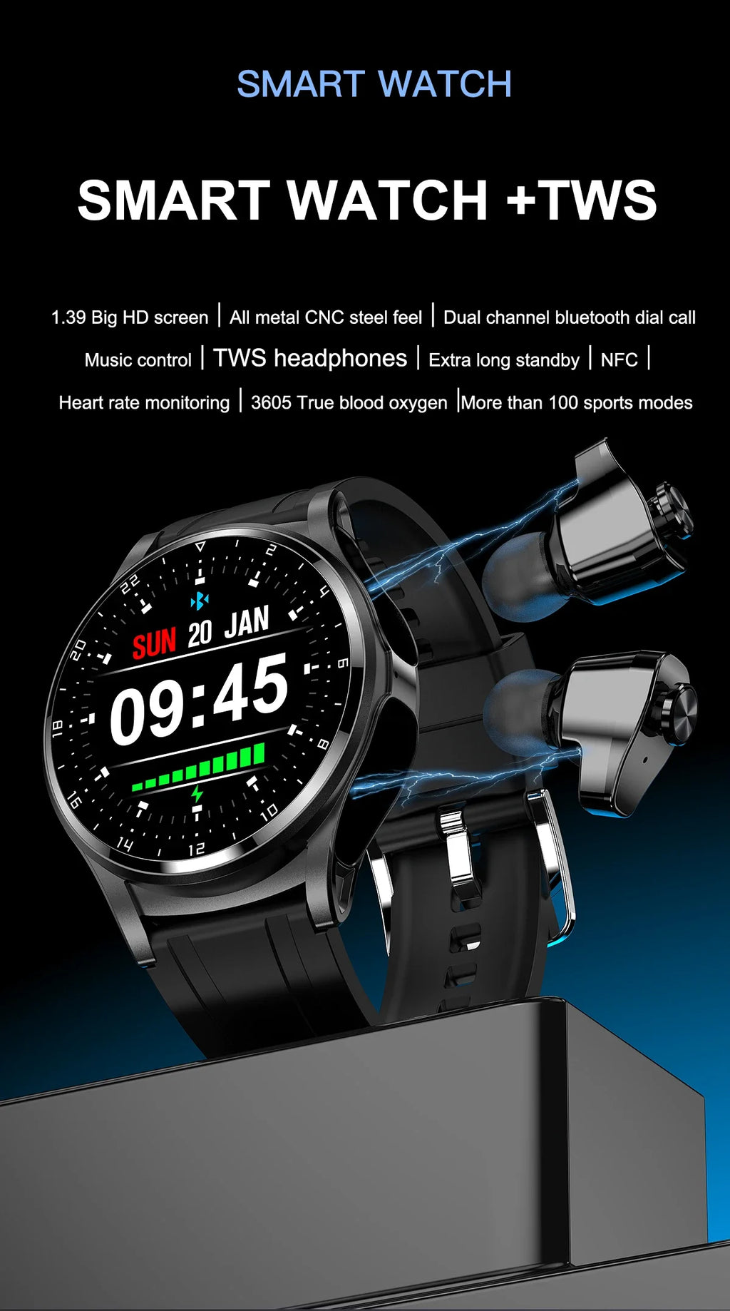 New NFC Smartwatch TWS Bluetooth Headset Two-In-One 1.39HD Display IP67 Waterproof Heart Rate Monitor Male Sports Smartwarch