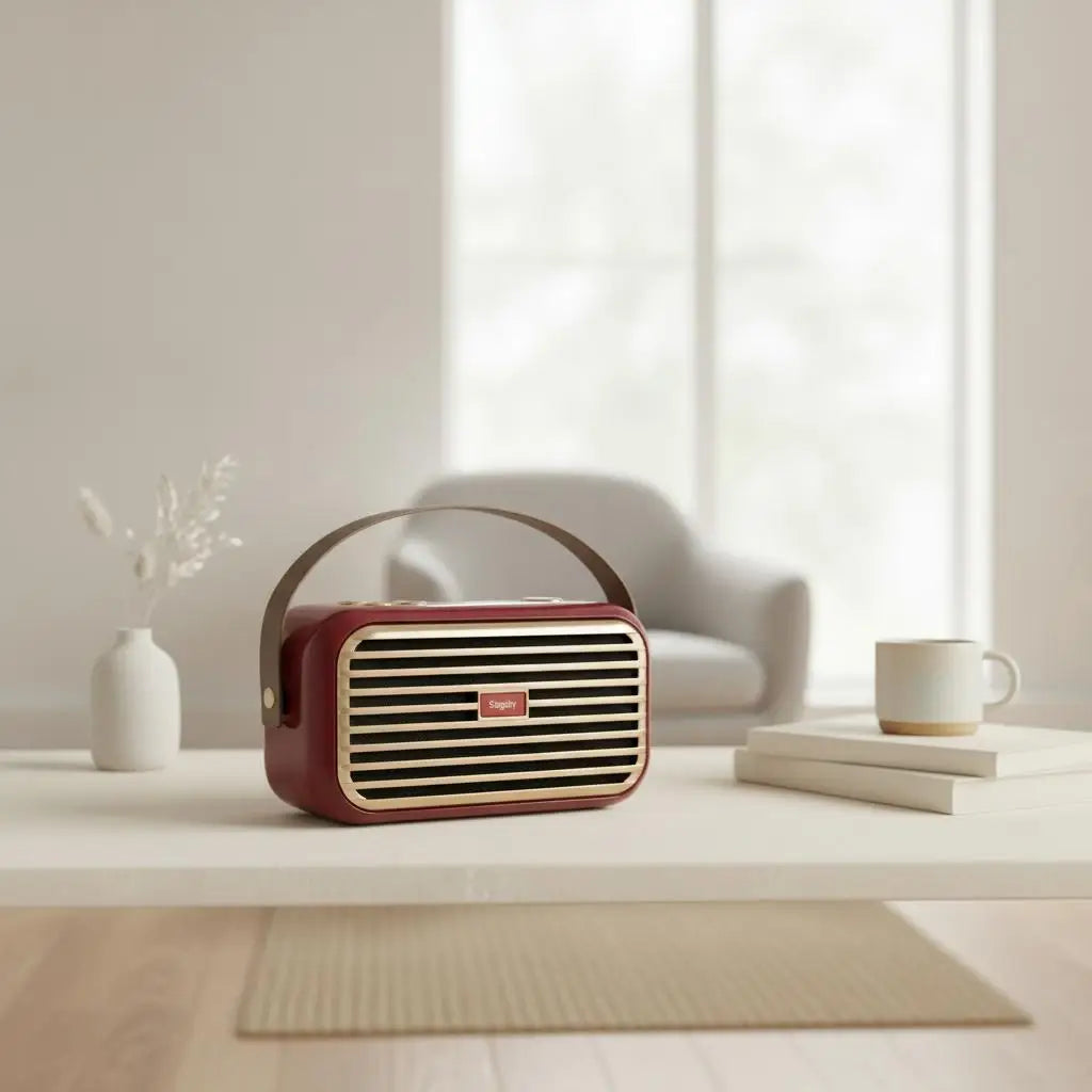 Portable Bluetooth speaker, red with brown handle and striped front grille on a shelf.