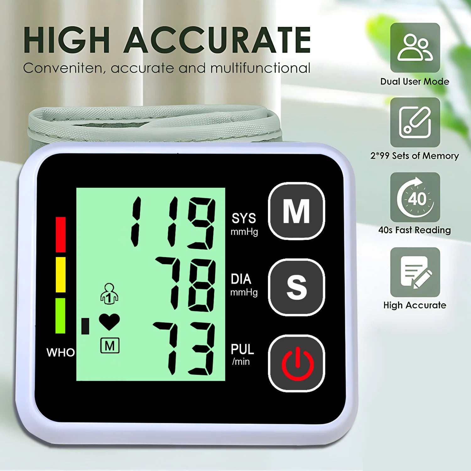 Wrist-Type Blood Pressure Monitor LED Digital BP Automatic Pressure Tonometer Heart Rate Pulse Test Sensor Tensiometer