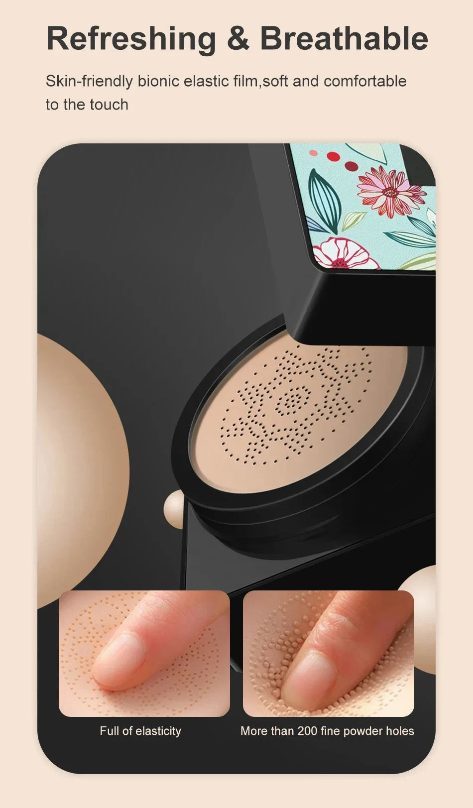 Tidesmit mushroom head air cushion CC cream showing natural moisturizing foundation texture and finish
