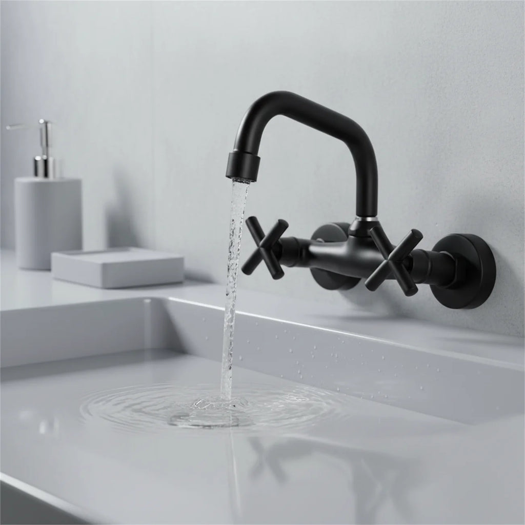 2-Handle Wall Mount 2-hole Bathroom Faucet Black, Copper & Ceramic 14.5-16.5cm Mounting Hole Distance 360° Rotatable