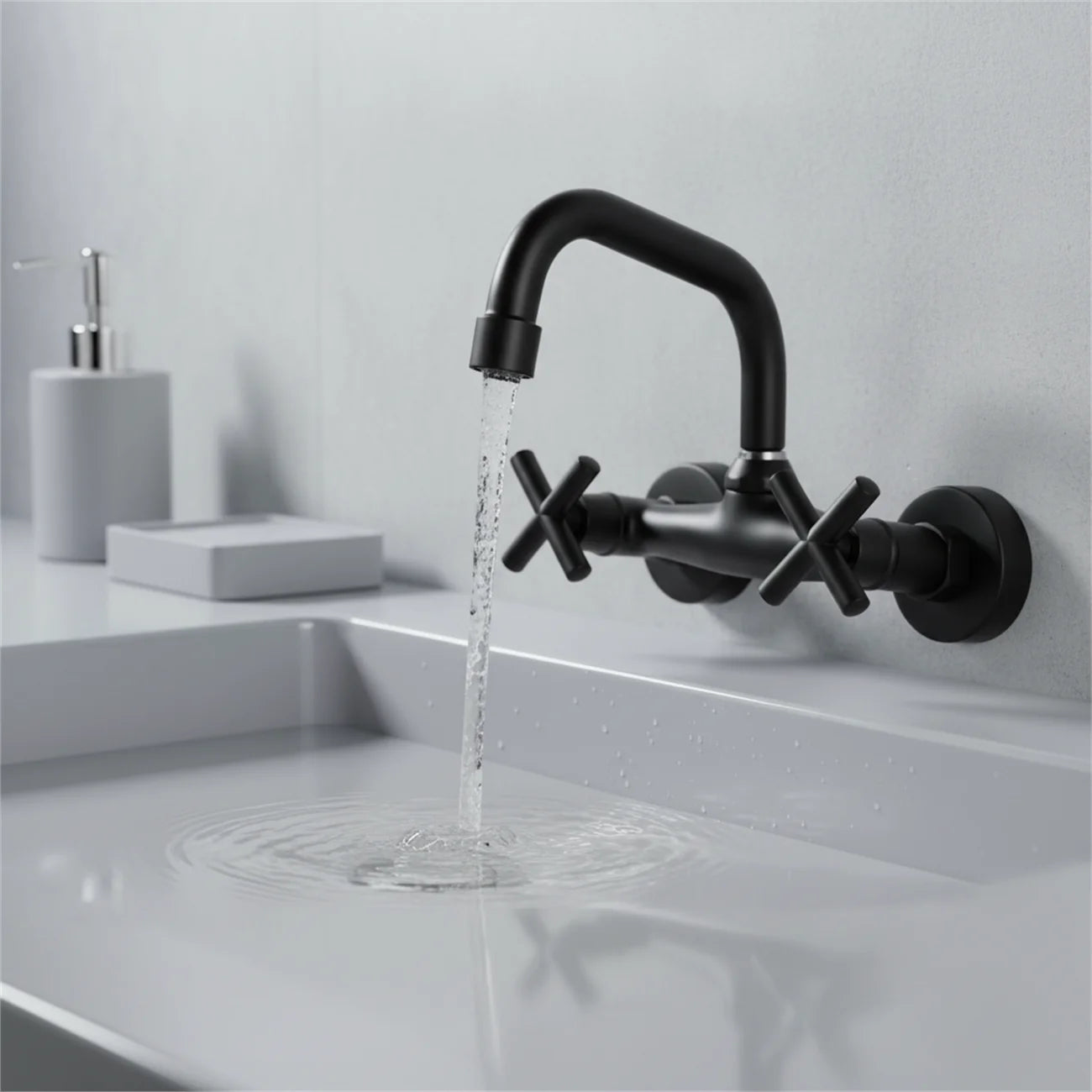2-Handle Wall Mount 2-hole Bathroom Faucet Black, Copper & Ceramic 14.5-16.5cm Mounting Hole Distance 360° Rotatable