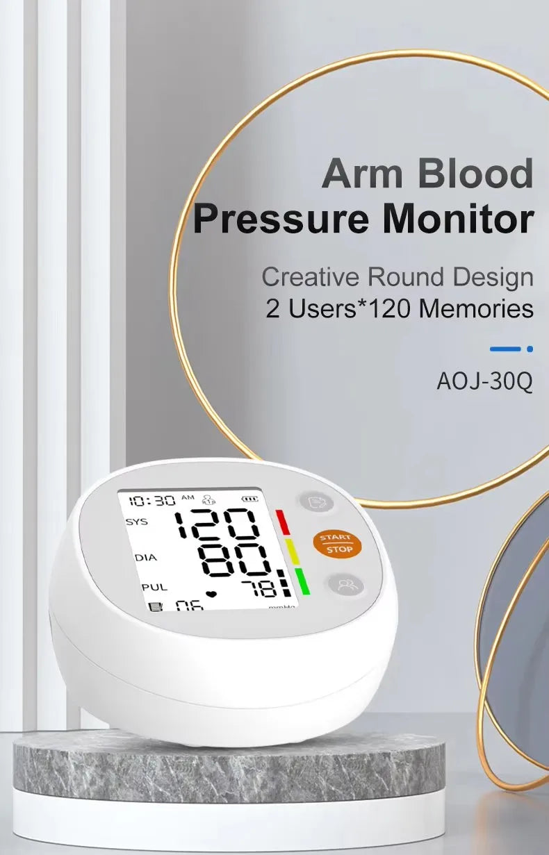 Round Upper Arm Blood Pressure Monitor Automatic Accurate Digital Medical BP Meter Sphygmomanometer for Elderly Home Use