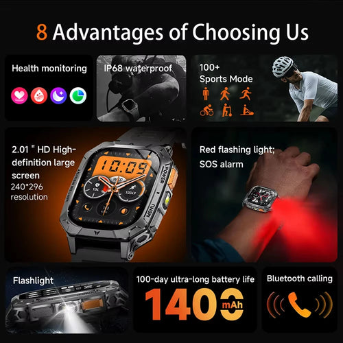 Men’s smartwatch with orange digital display and black metal strap, flashlight feature
