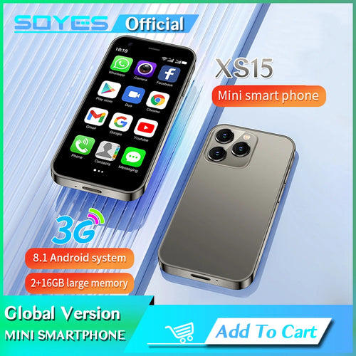 SOYES XS15 grey mini smartphone, 3-inch display, Android 8.1, 2GB RAM, 16GB ROM, front and back view product showcase.