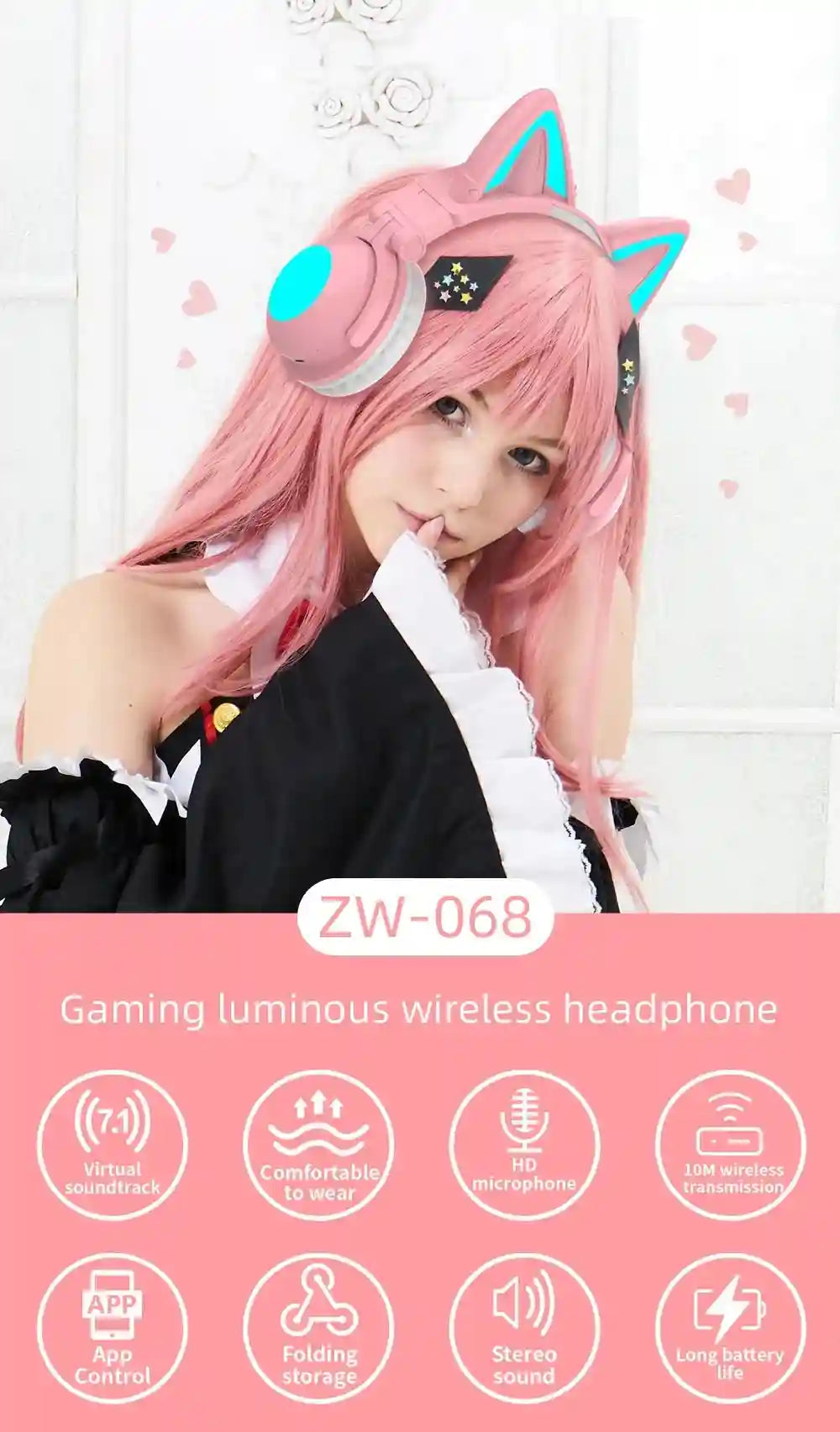 Wireless Cat Ear Headphones with RGB LED - Low Latency Audio Tidesmit