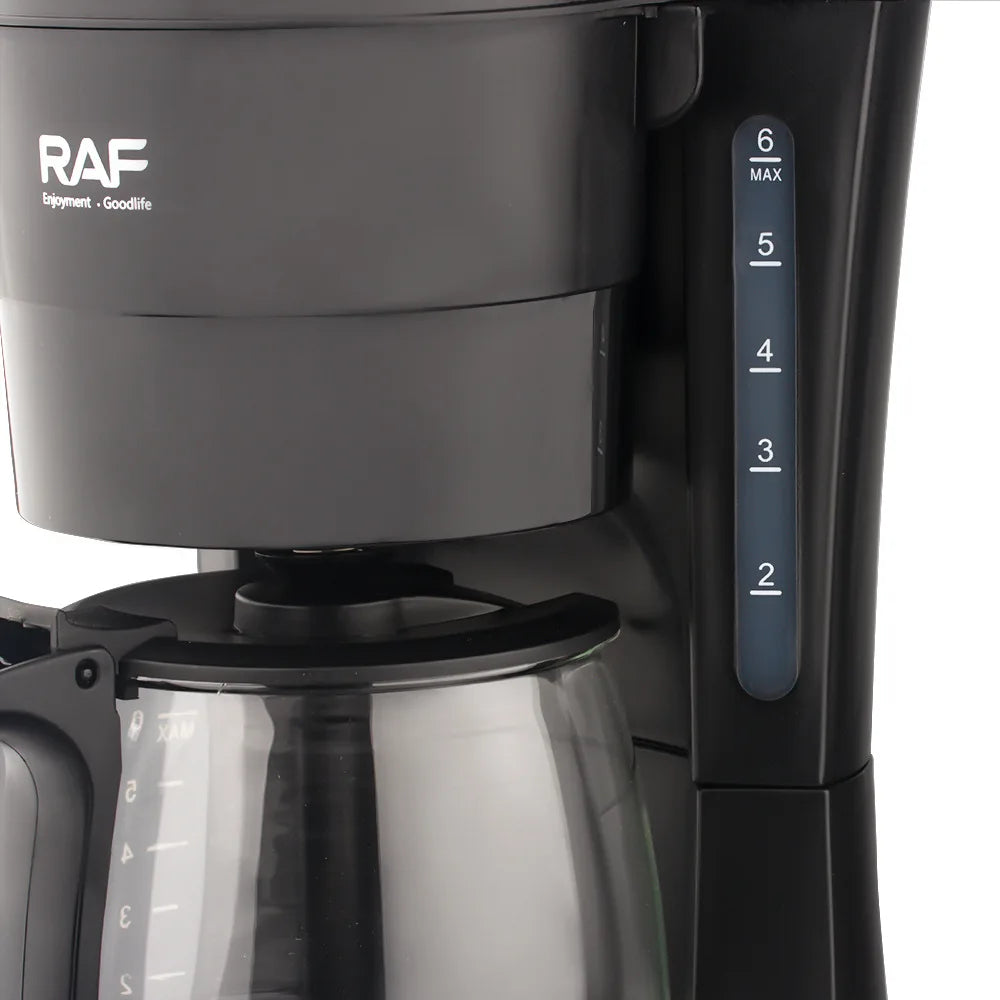 RAF black 6-cup drip coffee maker with glass carafe and clear water level indicator for easy brewing.