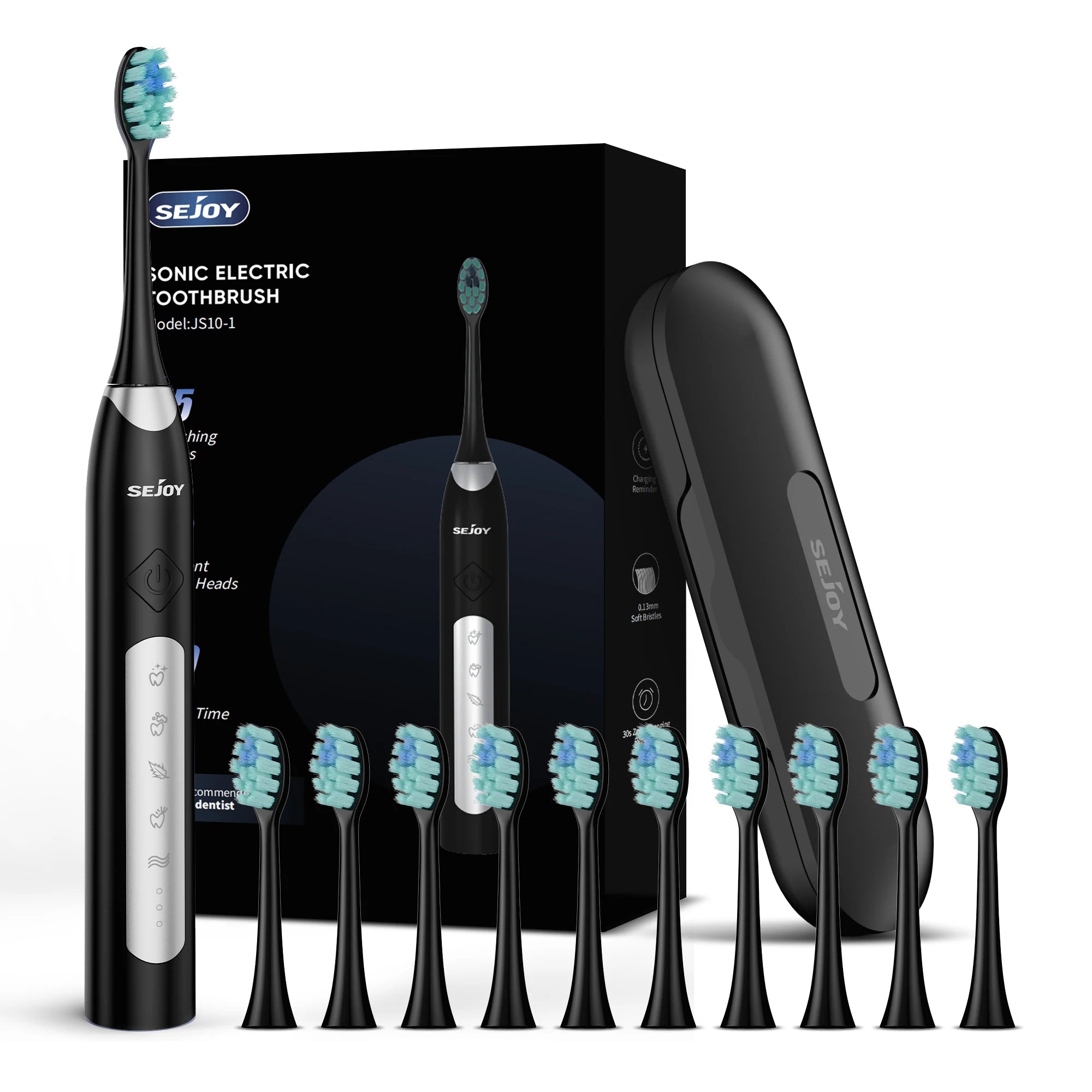 Sejoy Electric Sonic Toothbrush with 10 pcs Replacement Heads 5 Modes USB Rechargeable Waterproof Electric Tooth Brushes