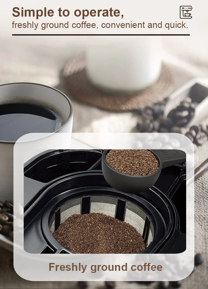Black coffee maker with reusable mesh filter and measuring scoop for freshly ground coffee beans.