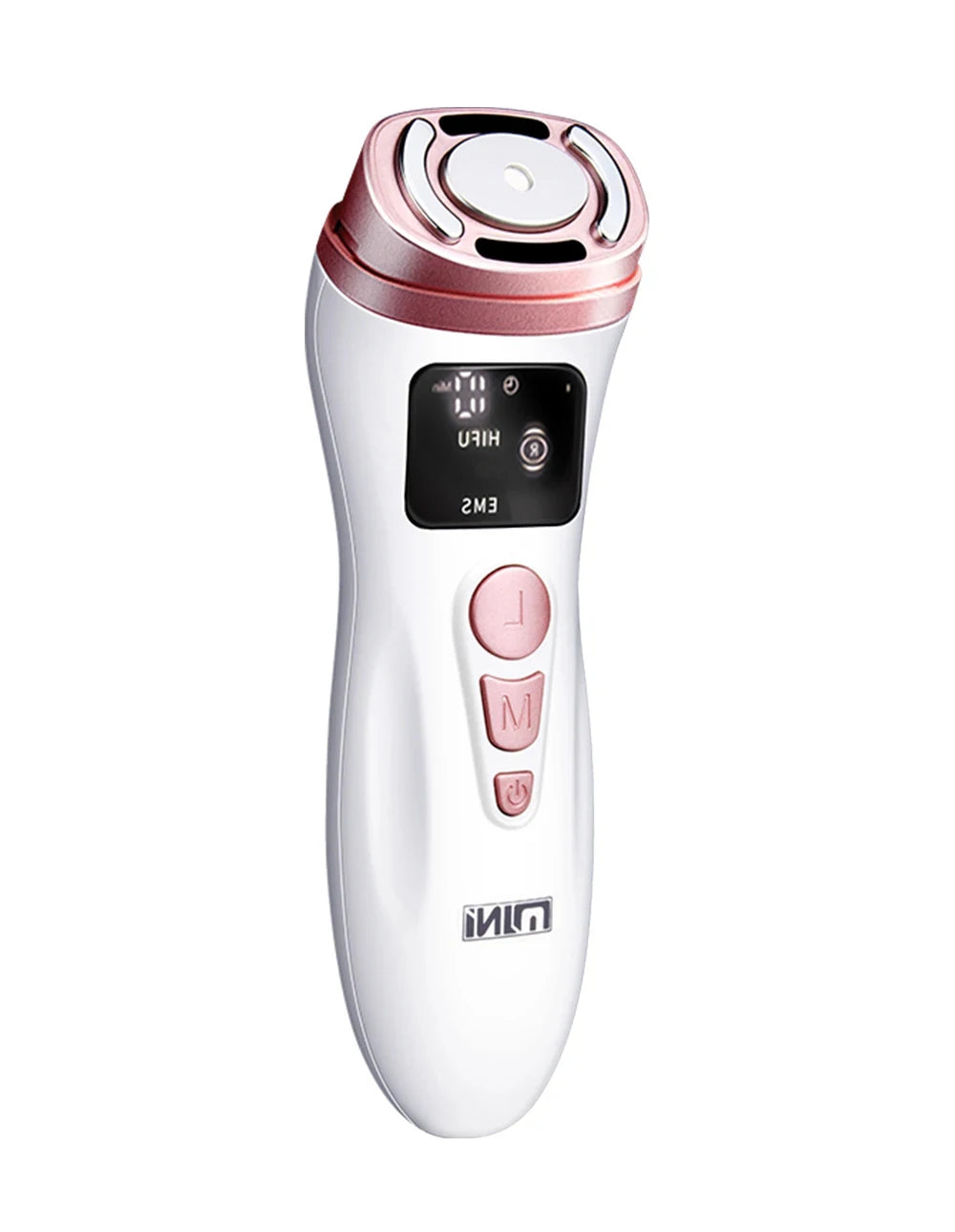 White and rose gold handheld HIFU facial beauty device with digital display and control buttons on a white background.