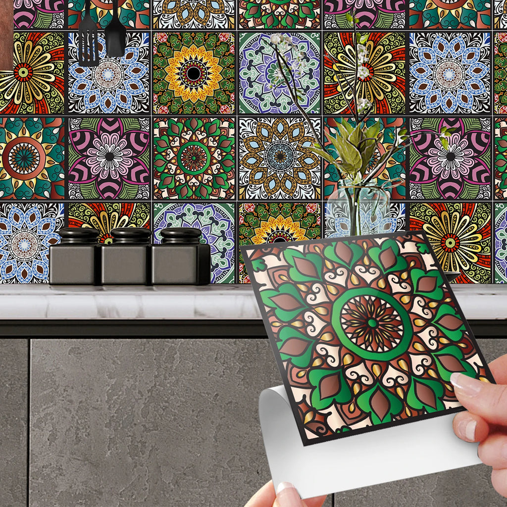 10 pcs/pack, Floral Mandala PVC Self-Adhesive Tile Stickers - Waterproof, Oil-Proof, Easy to Clean for Home Decoration