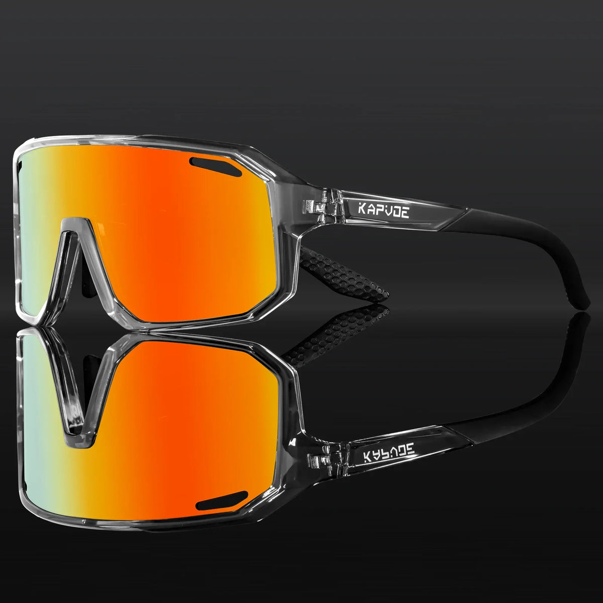 Kapvoe polarized bike sunglasses for kids, black frame, orange mirrored lenses.