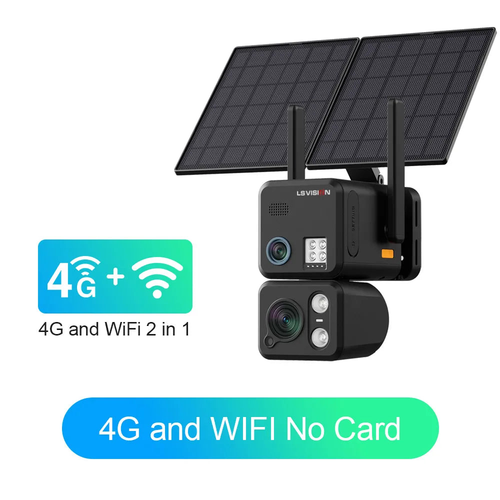 Outdoor 4G Wi‑Fi solar security camera with dual lenses; no SD card included