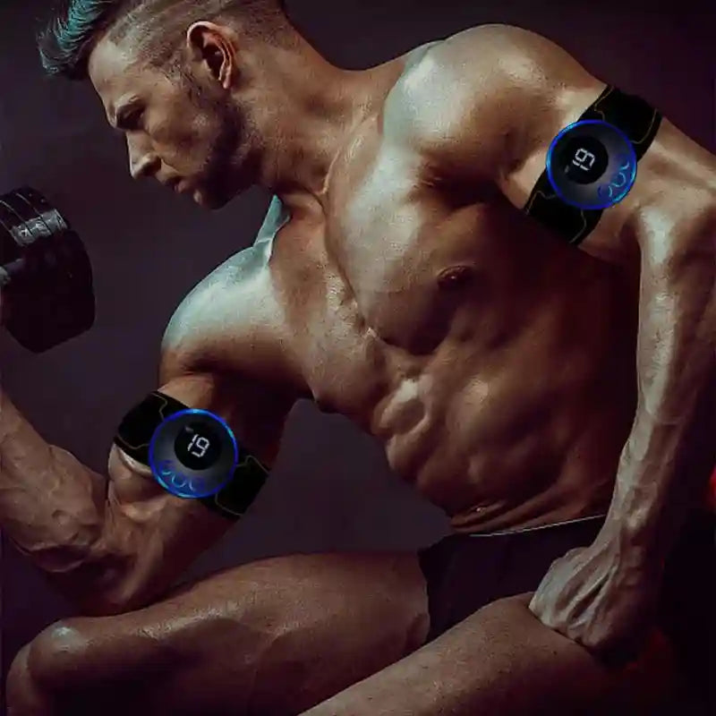 Black electronic EMS arm muscle stimulators with glowing blue circular digital displays worn on biceps during exercise.