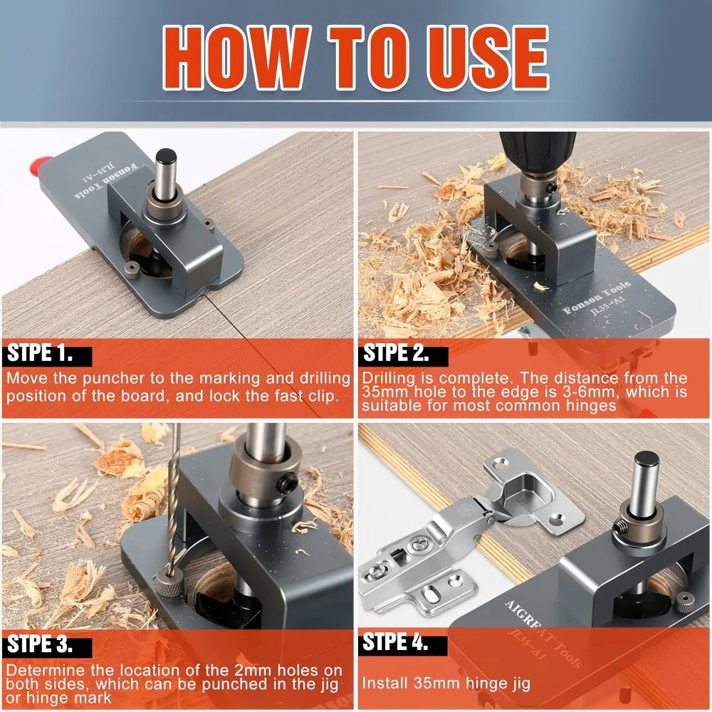 35mm Hinge Jig Kit - Adjustable Drill Guide Template for Cabinet Doors, Woodworking Positioning Tool with Depth Stop