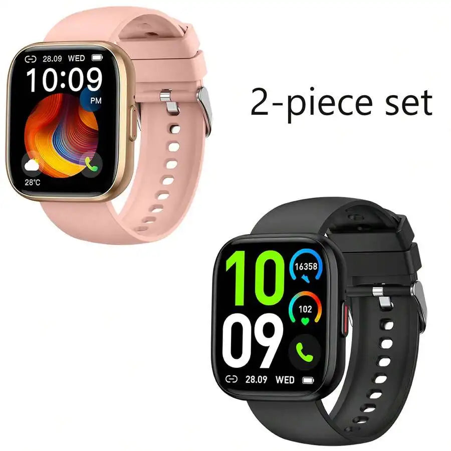 Pink and black smartwatch 2-piece set with square HD touch screens and silicone bands