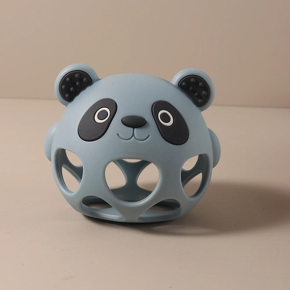 Blue panda silicone baby teething toy for soothing sore gums.