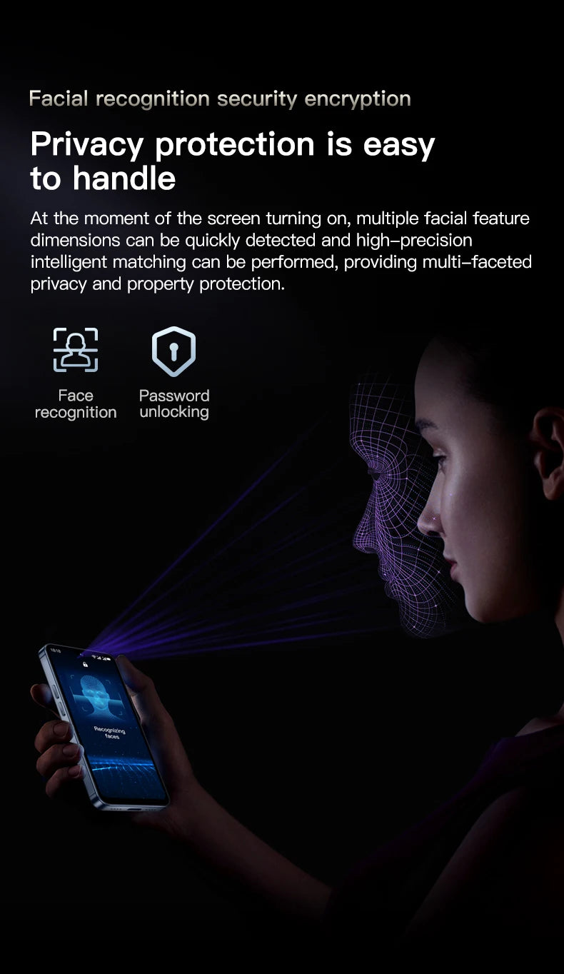 SOYES F9 Max mini smartphone in silver, featuring facial recognition security scan and face ID unlocking technology.