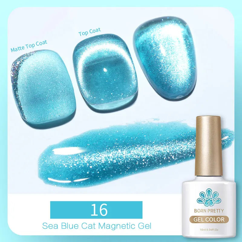 Sea blue cat eye magnetic gel polish, 10ml bottle, showing shimmering blue swatches with matte and glossy top coats.