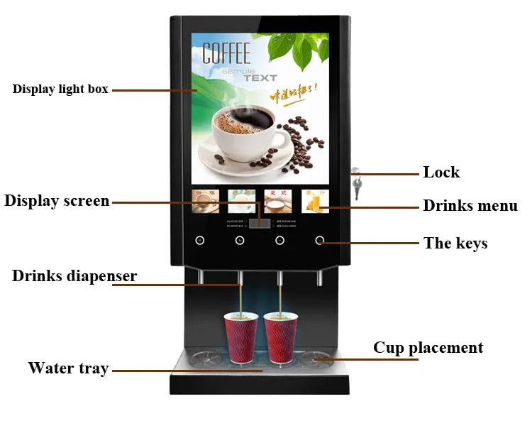 Black commercial coffee vending machine with digital display, touch menu, dual dispensers, and water tray.