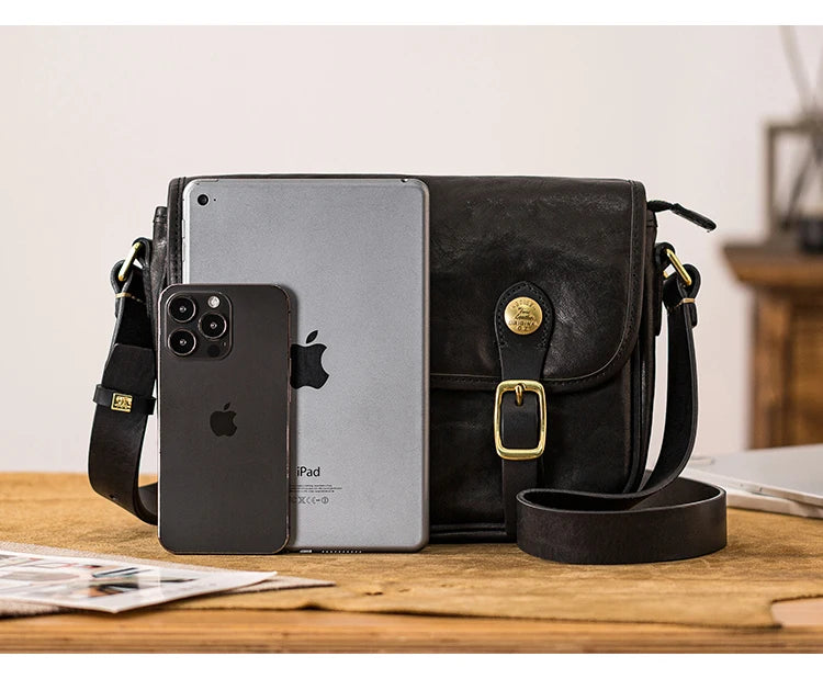 vintage designer handmade high-quality genuine leather men's messenger bag Outdoor casual cow leather work black shoulder bag