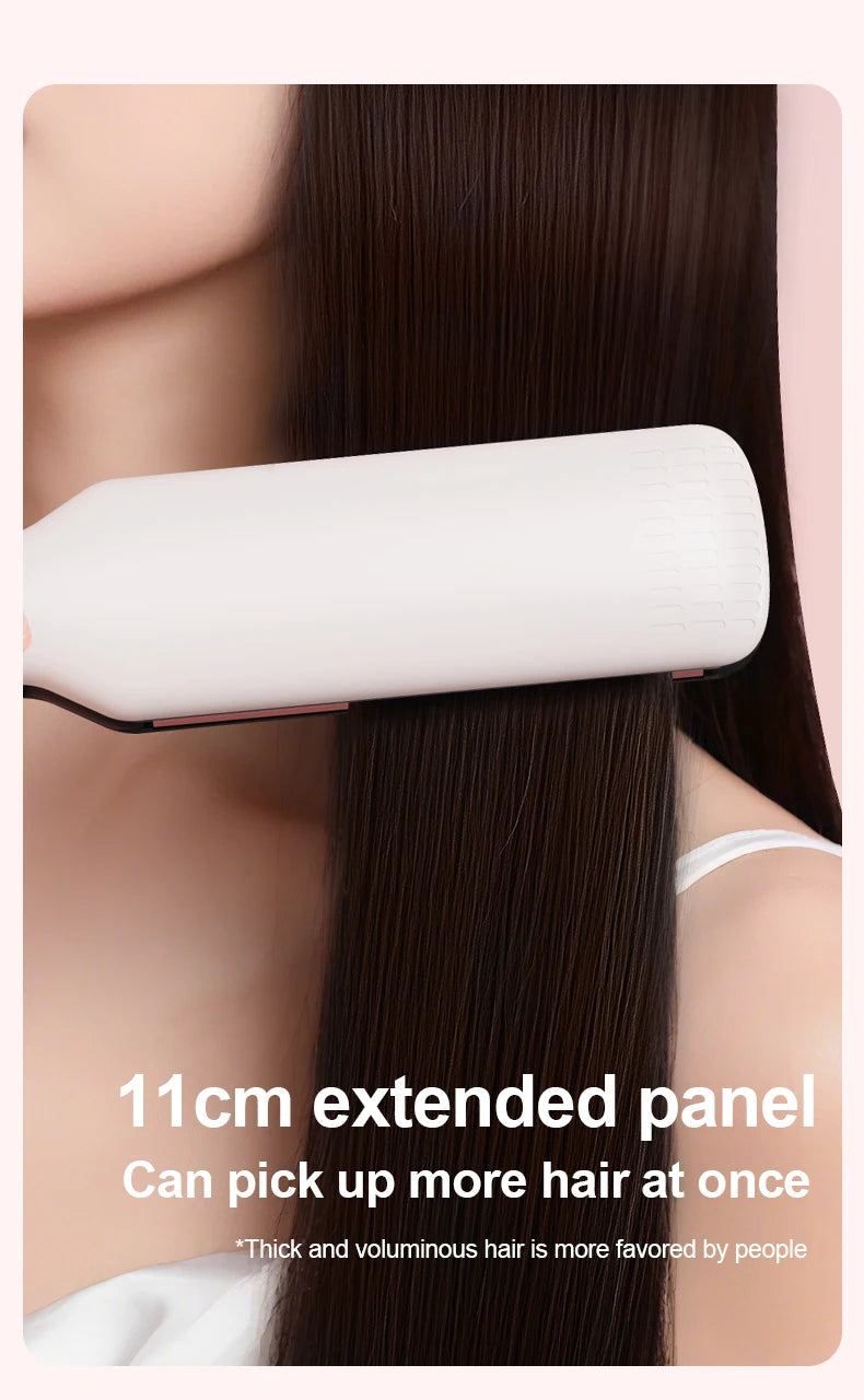 White wide-plate hair straightener with 11cm extended panel for professional salon-style smoothing of long hair.