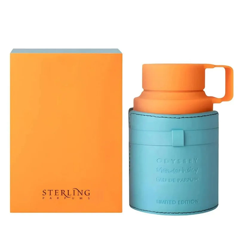 Armaf Odyssey Mandarin Sky EDP: 100ml men’s cologne in a blue leather-wrapped bottle with orange cap and box.