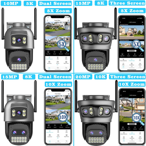 Wi-Fi outdoor PTZ camera shown in multiple color/zoom variants, front triple-lens view