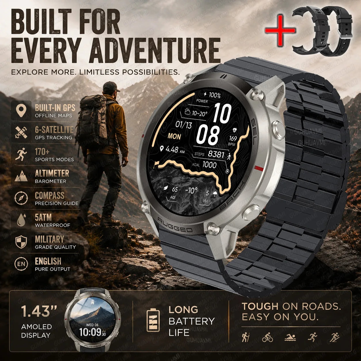 Sports smartwatch with round AMOLED display, silver case, and black metal link bracelet
