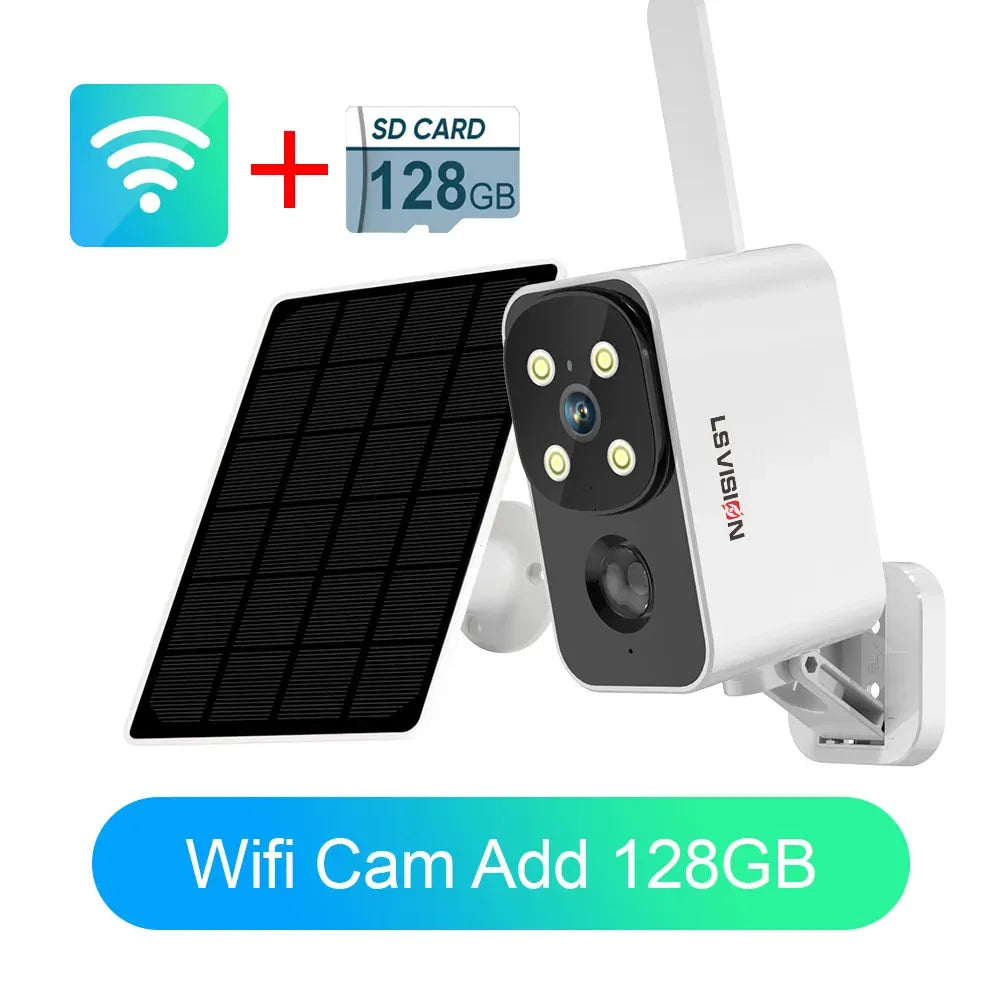 Outdoor solar security camera with solar panel, WiFi icon plus SD-card icon overlay