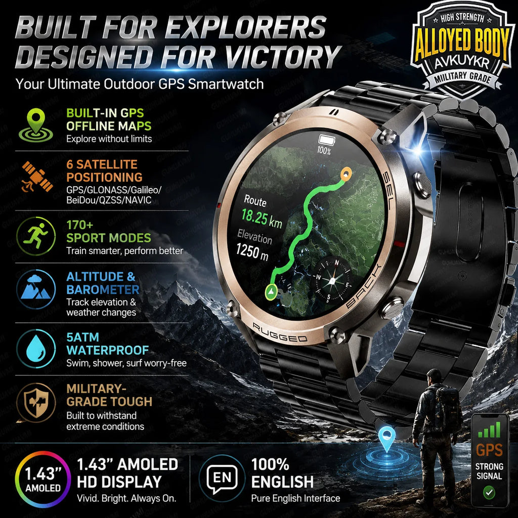 2026 Outdoor Tactical GPS 1.43"AMOLED Smart Watch Offine Map Compass Heart Rate Fitness Tracker 5ATM Waterproof Sports Watches