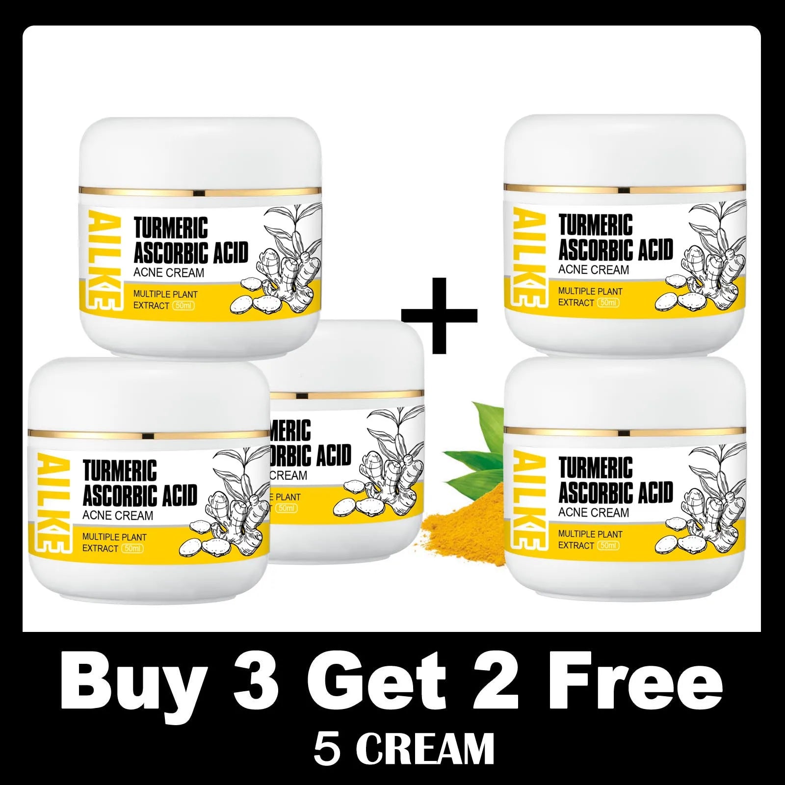 Turmeric ascorbic acid acne cream set promo with five white cream jars