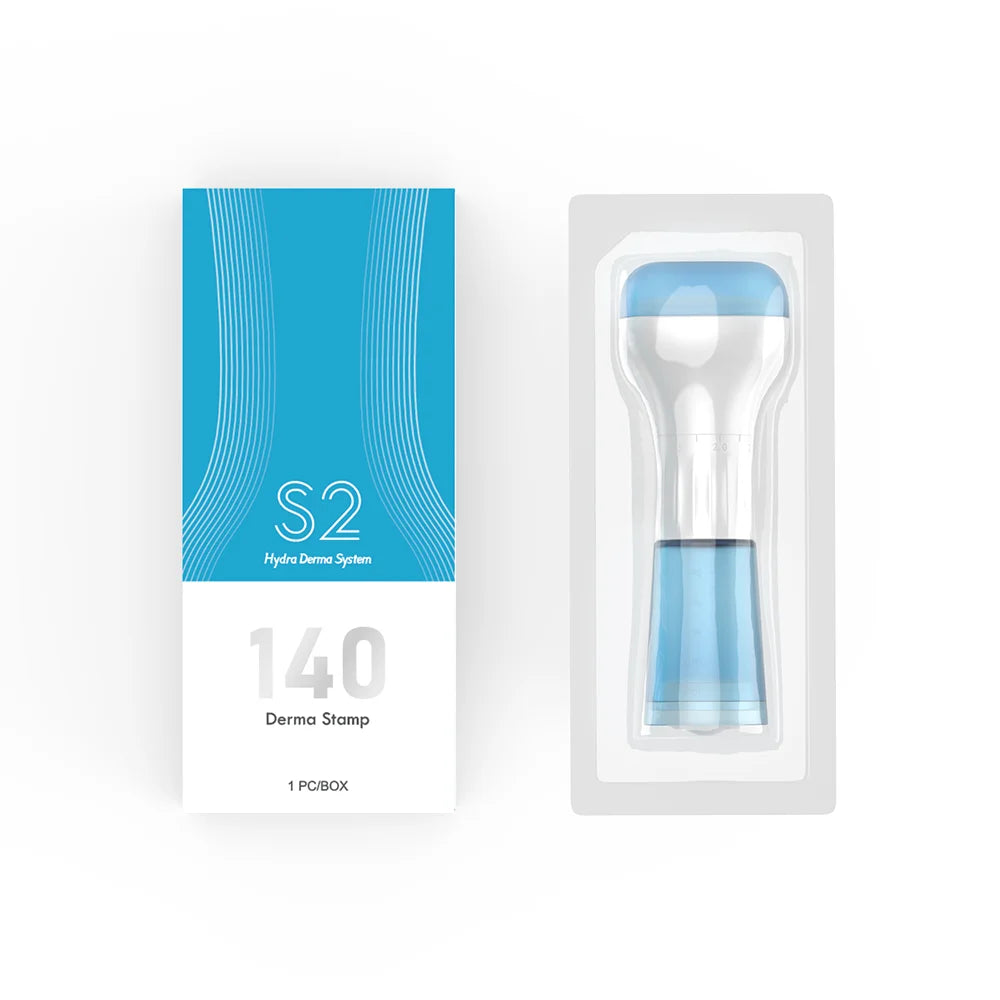 S2 140-pin derma stamp with serum container in retail box for scalp, hair regrowth, and face microneedling treatment.