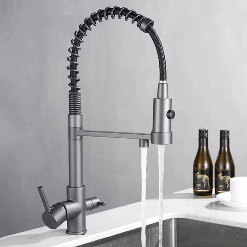 Filtered Kitchen Faucets Dual Spout Filter Faucet Mixer Pull Out Spray 360 Rotation Water Purification 3 Ways Sink Mixer Kitchen