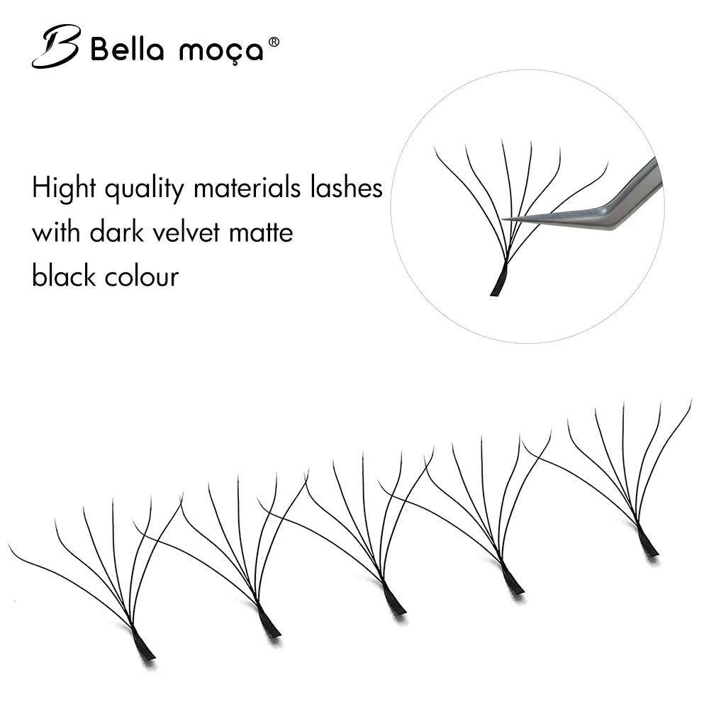 Soft silk matte black 3D-8D volume lash fans arranged in a row, with a close-up showing one held by tweezers.