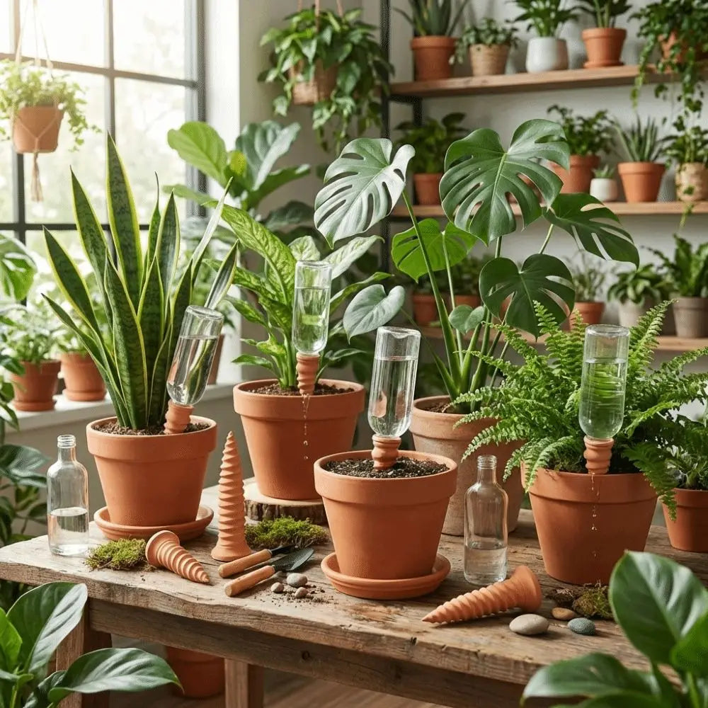 Terracotta irrigation stakes with clear caps on wood shelf, beside multiple potted plants
