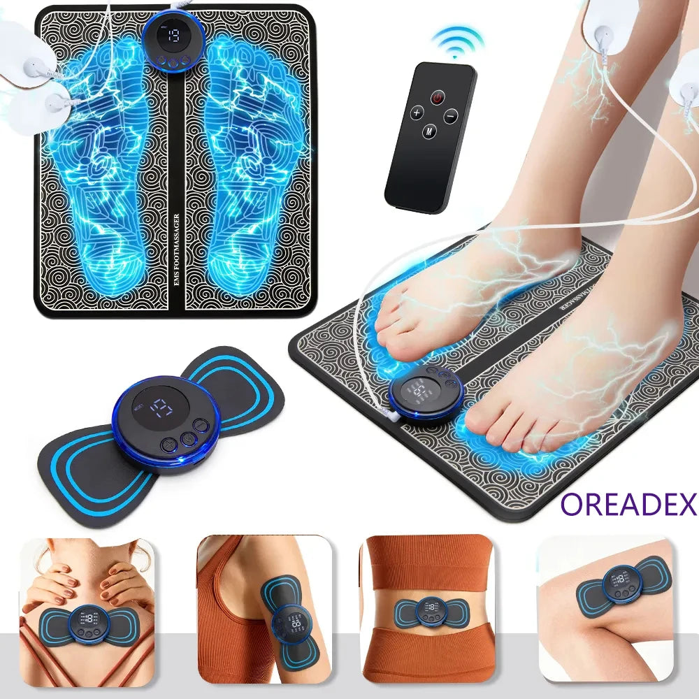 Portable foldable EMS electric foot massager mat with remote for muscle stimulation, pain relief, and circulation.