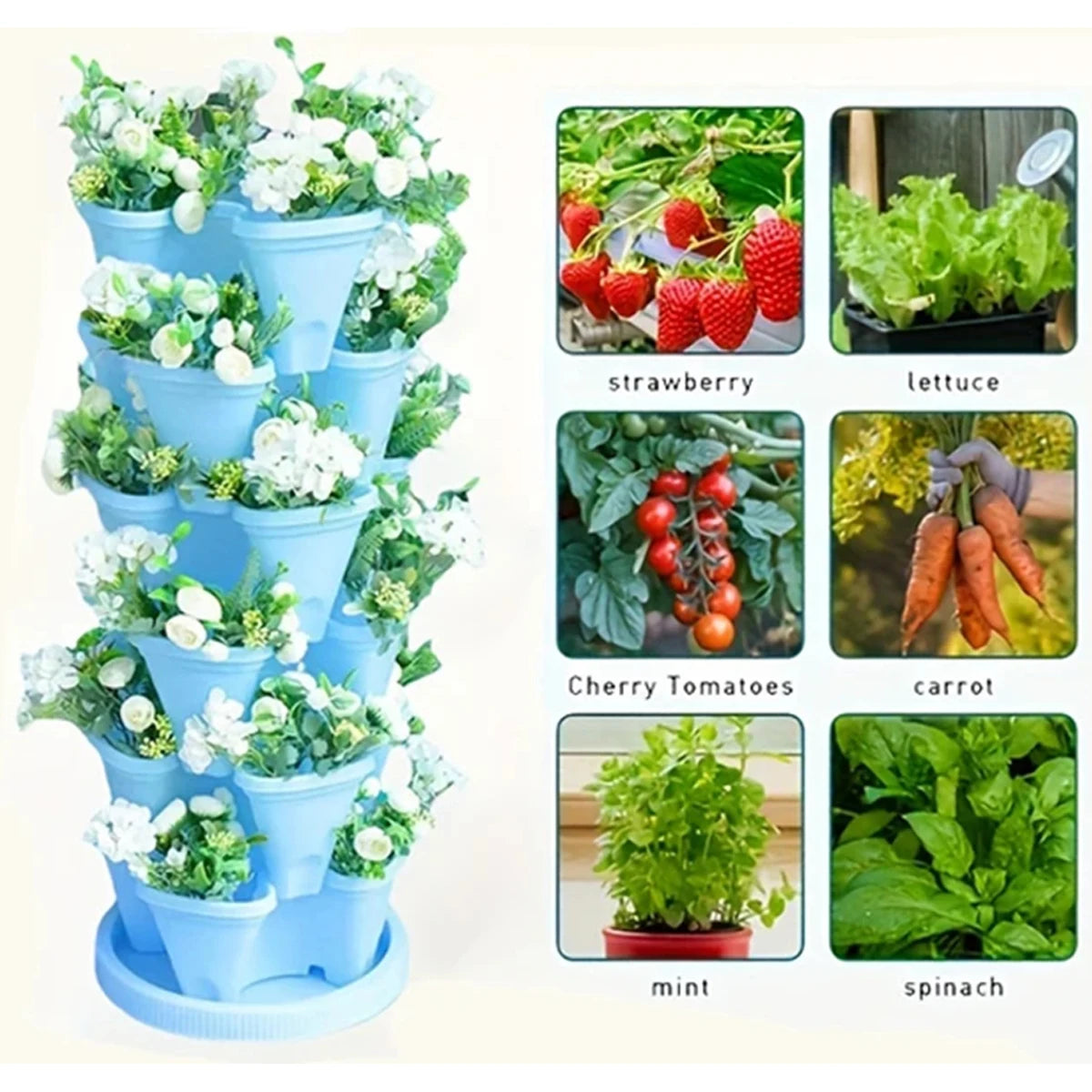 Blue stackable vertical herb planter with four-tier pots for strawberries and leafy greens