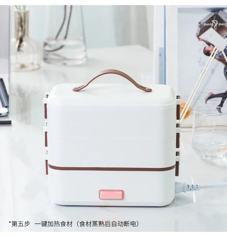 Portable electric heating lunch box, white with brown trim and power cord connection.