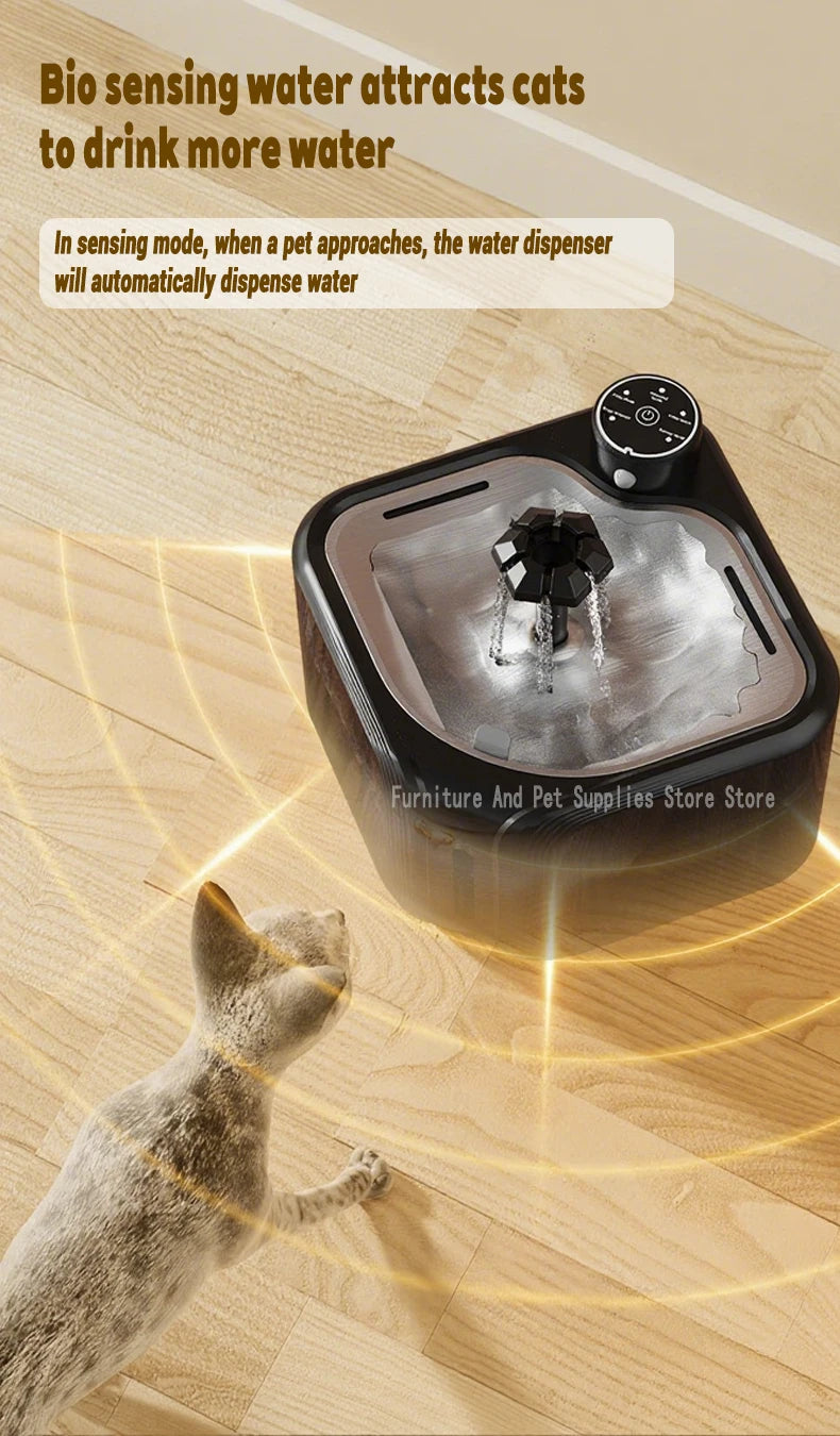 Wireless automatic cat water fountain with 2.8L tank and infrared motion sensor for smart pet hydration.