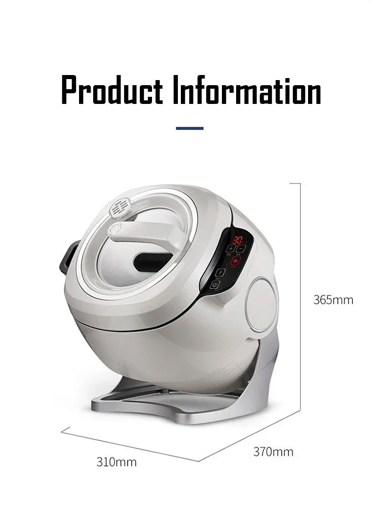 White countertop cooking robot with control lights and open lid