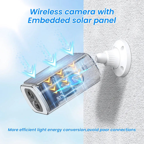 White wireless solar security camera mounted on a wall with attached solar panel