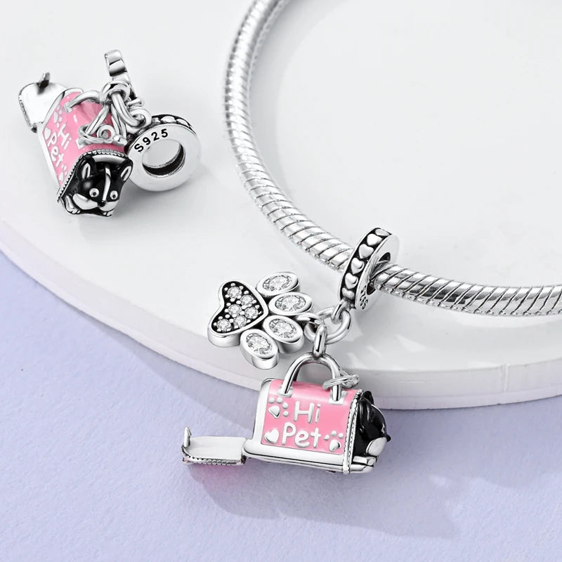 925 sterling silver dog charm with pink pet mailbox and paw print for DIY charm bracelets.