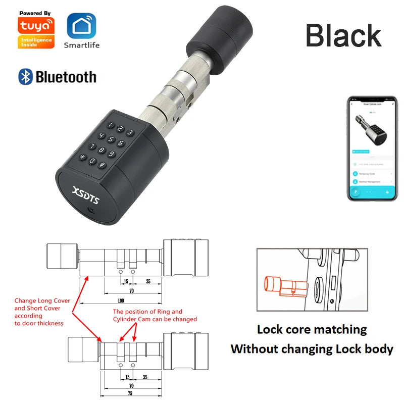 XSDTS Cylinder Electronic Smart Door Lock  Tuya APP Fingerprint Digital Keypad Key Card Remote Control Adjustable Home Apartment