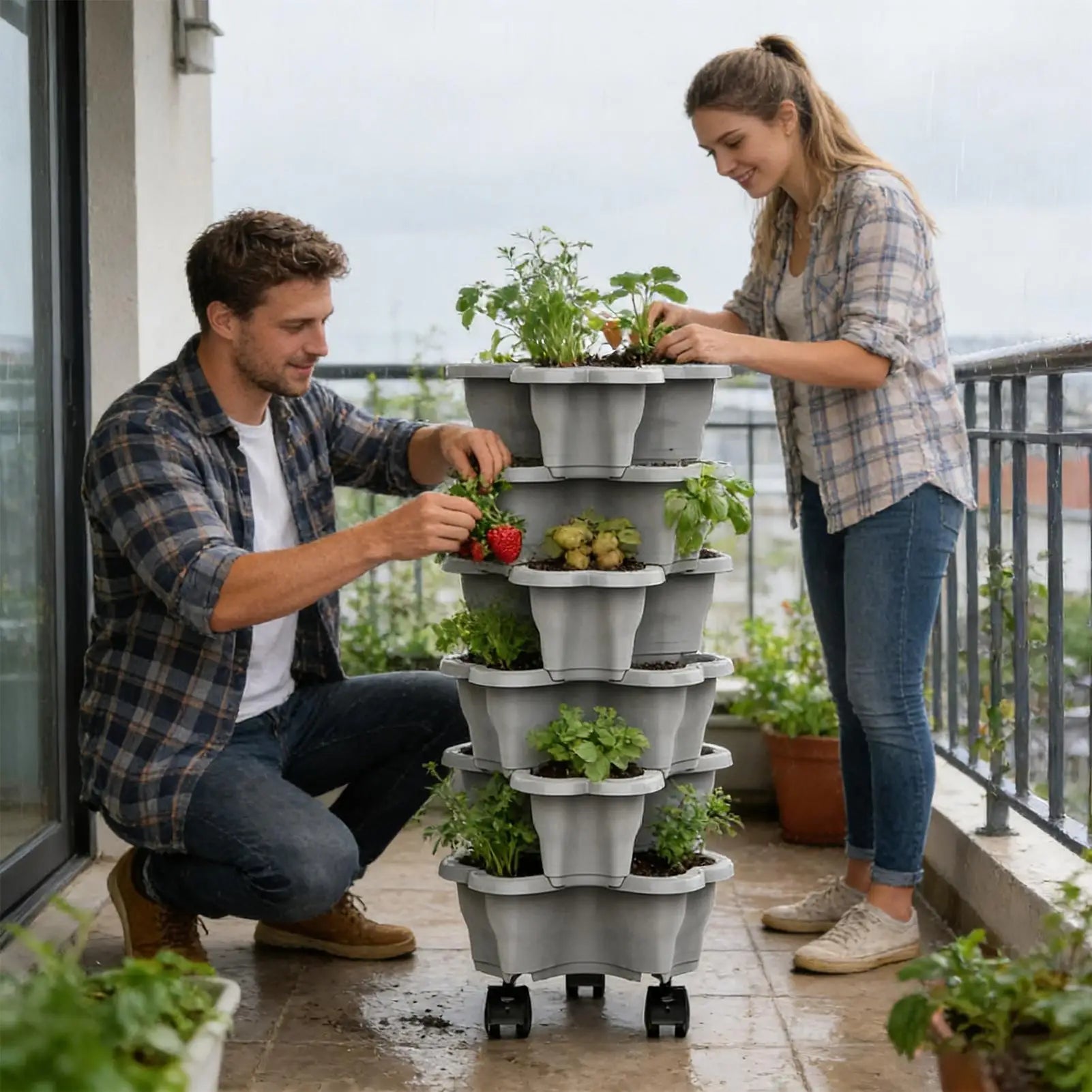 Stackable Vertical Planter 4/5/6-Tier with Wheels Weatherproof Plastic Flower Pot Garden Towers for Vegetable Strawberry Planter